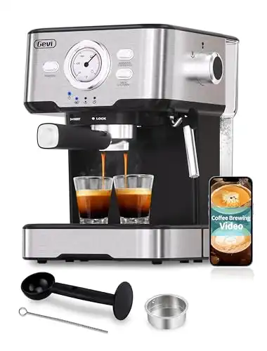 Gevi Espresso Machine 15 Bar Pump Pressure, Cappuccino Coffee Maker with Milk Foaming Steam Wand for Latte, Mocha, Cappuccino, 1.5L Water Tank, 1100W, Black silver 4