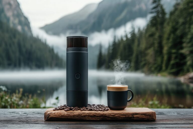 portable-espresso-maker-outdoors-by-lake-with-trees